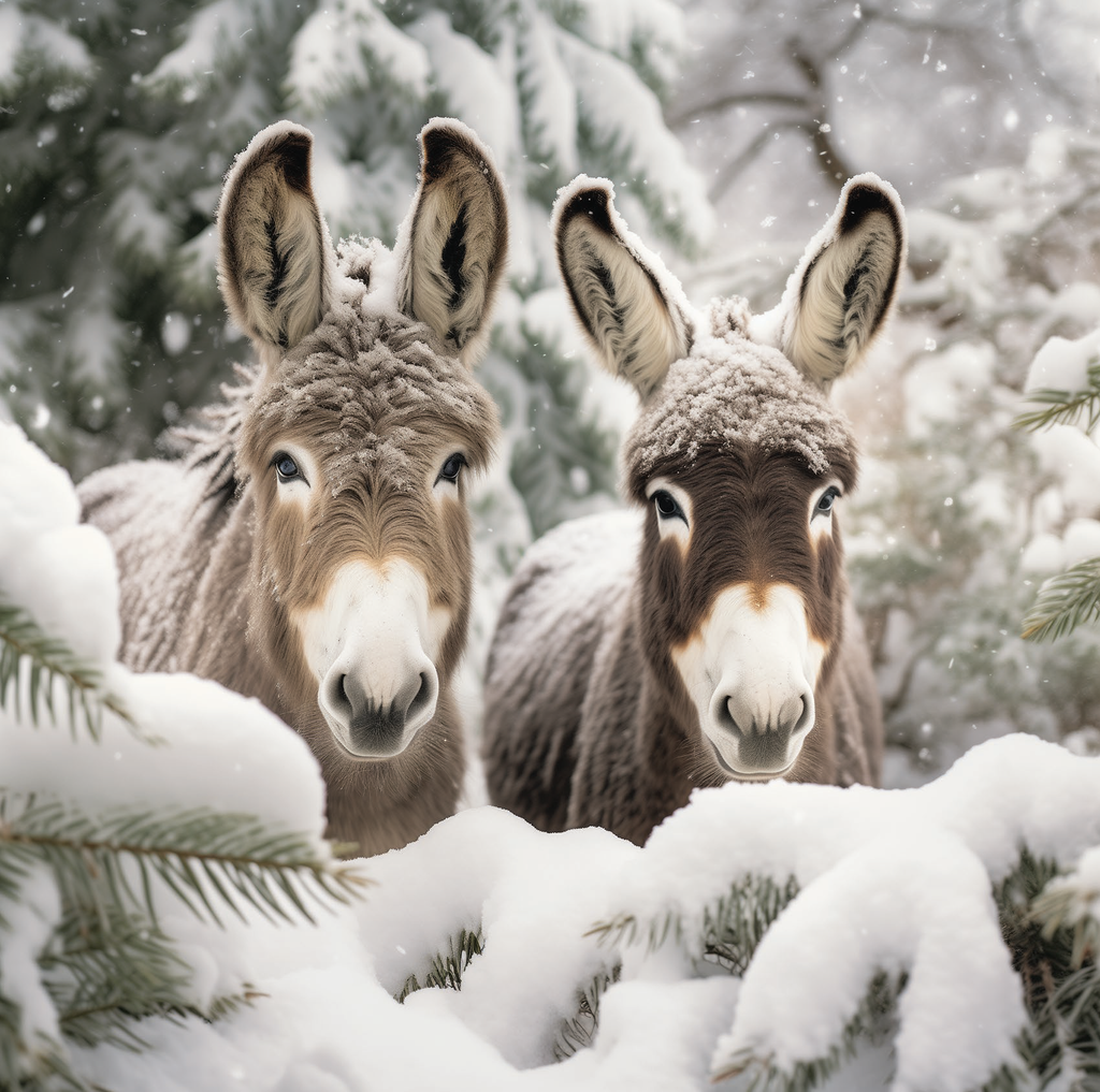 Two Donkeys in the Snow (Pack of 10 Cards)